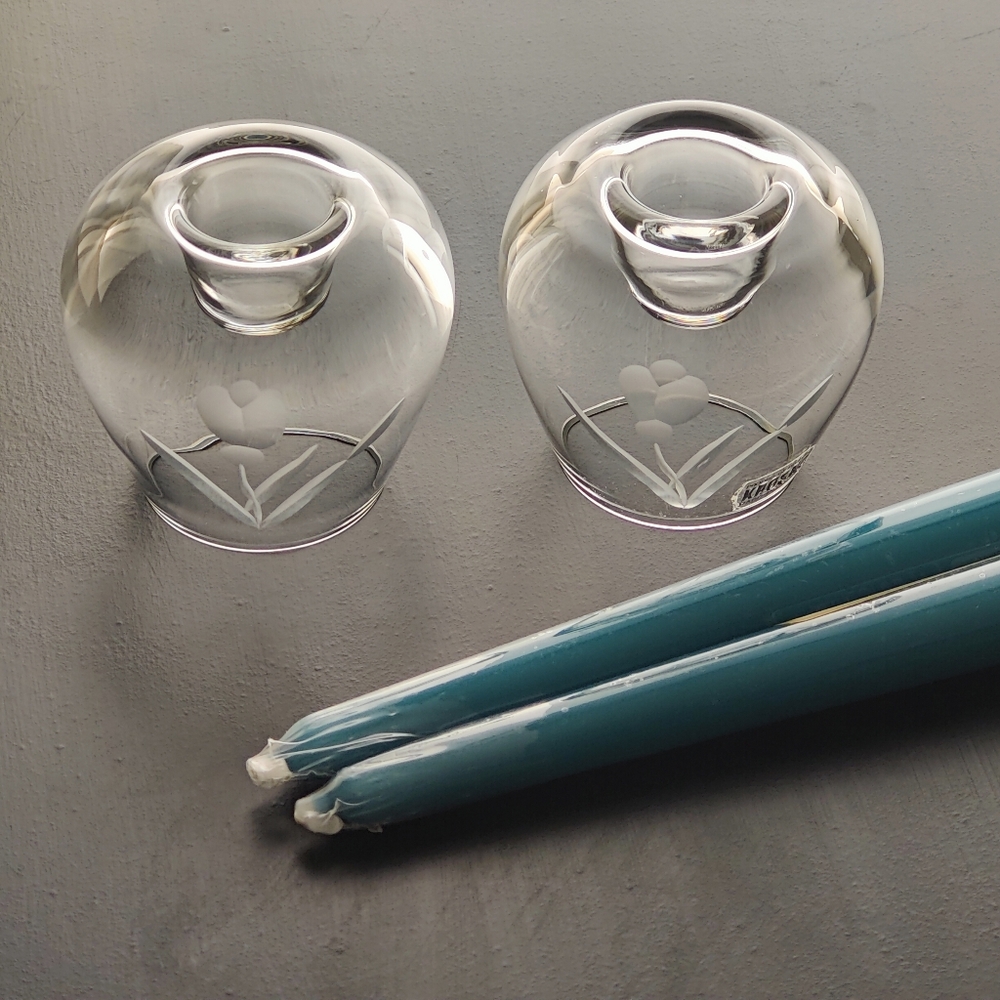 Krosno | Poland | Clear Glass Candle Stick Holders With an Etched 🌷 Tulip